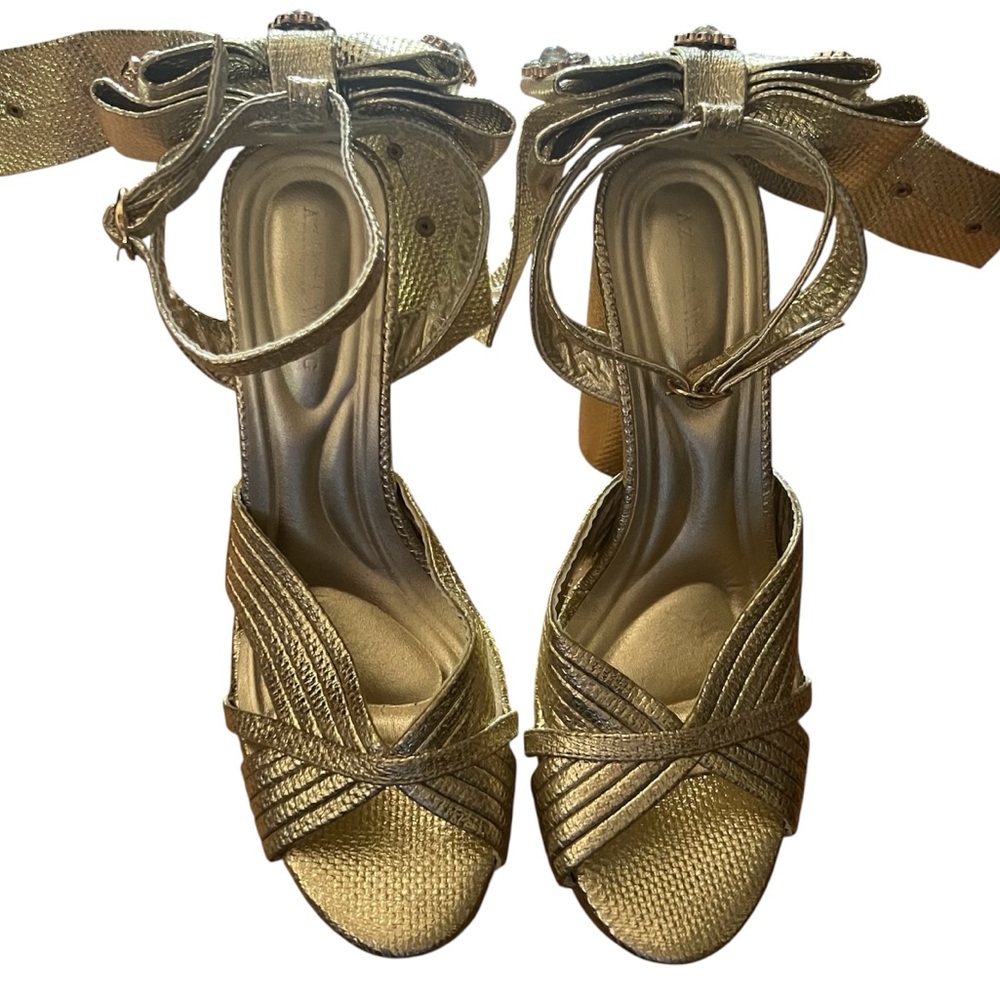 Azalea Wang Gold Bow Ankle-Strap High Platform Heels Crawley Go Size 9